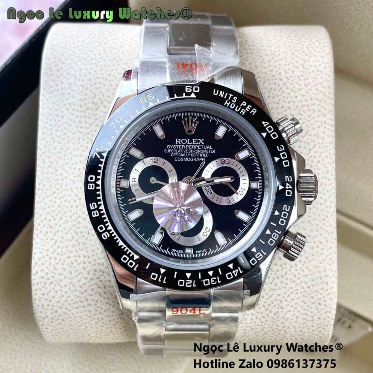 Đồng Hồ Nam Rolex Daytona Automatic Dây Kim Loại Silver Mặt Đen Viền Đen Size 40mm
