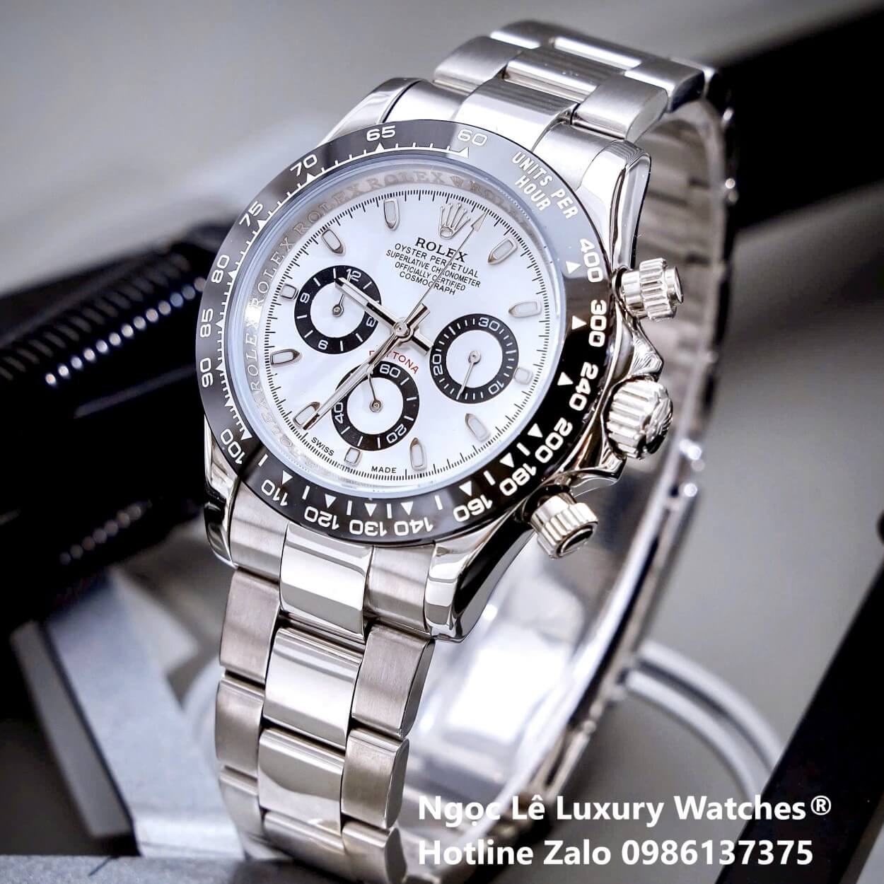 Đồng Hồ Nam Rolex Daytona Automatic Dây Kim Loại Silver Mặt Trắng Viền Đen Size 40mm