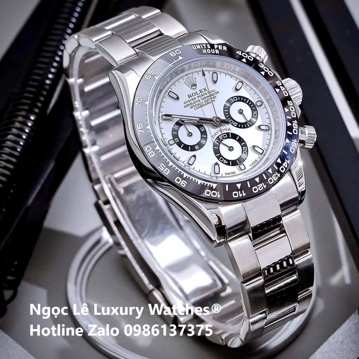 Đồng Hồ Nam Rolex Daytona Automatic Dây Kim Loại Silver Mặt Trắng Viền Đen Size 40mm