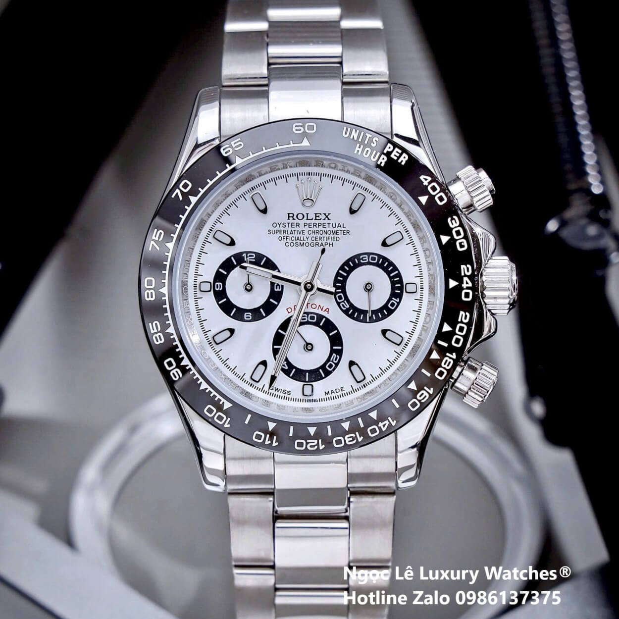 Đồng Hồ Nam Rolex Daytona Automatic Dây Kim Loại Silver Mặt Trắng Viền Đen Size 40mm