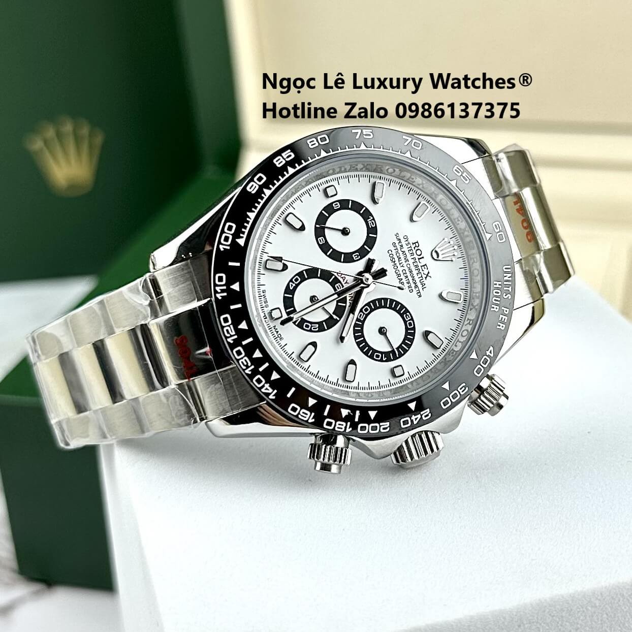 Đồng Hồ Nam Rolex Daytona Automatic Dây Kim Loại Silver Mặt Trắng Viền Đen Size 40mm