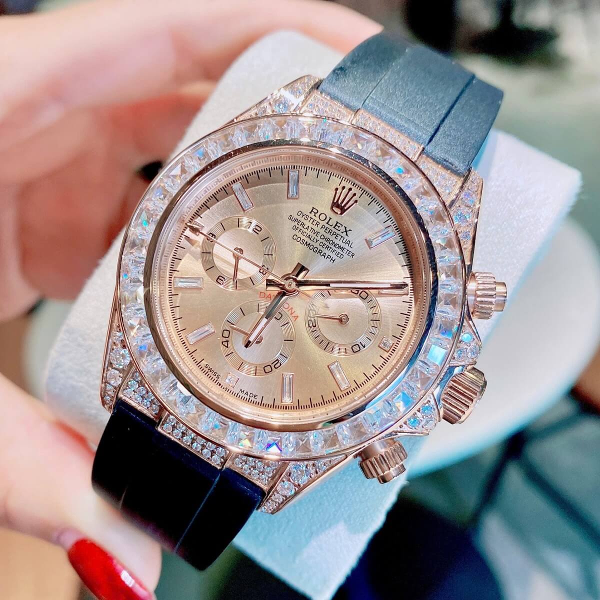 Đồng Hồ Nam Rolex Daytona Rainbow Dây Cao Su Vỏ Rose Gold Size 40mm