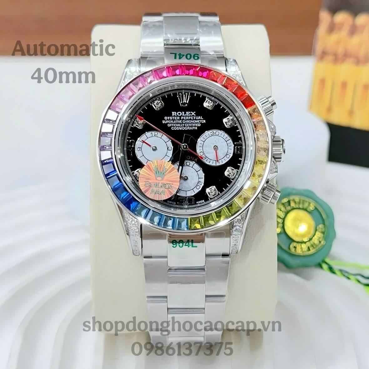 Đồng Hồ Nam Rolex Daytona Rainbow Tự Động Mặt Đen Đính Đá Kim Loại Inox Size 40mm