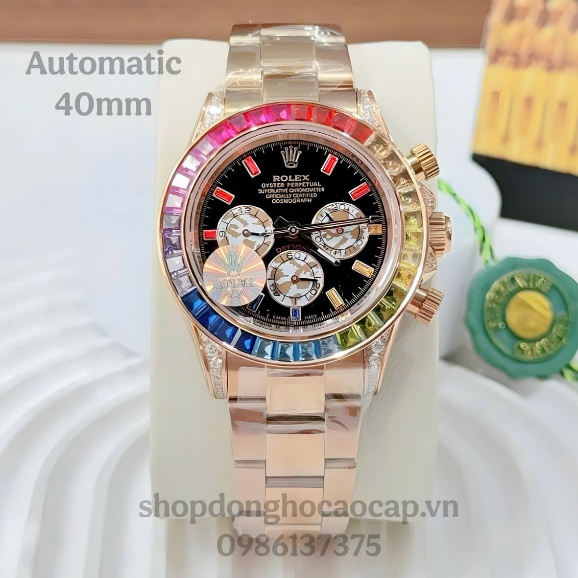 Đồng Hồ Nam Rolex Daytona Rainbow Tự Động Mặt Đen Đính Đá Kim Loại Vàng Hồng Size 40mm
