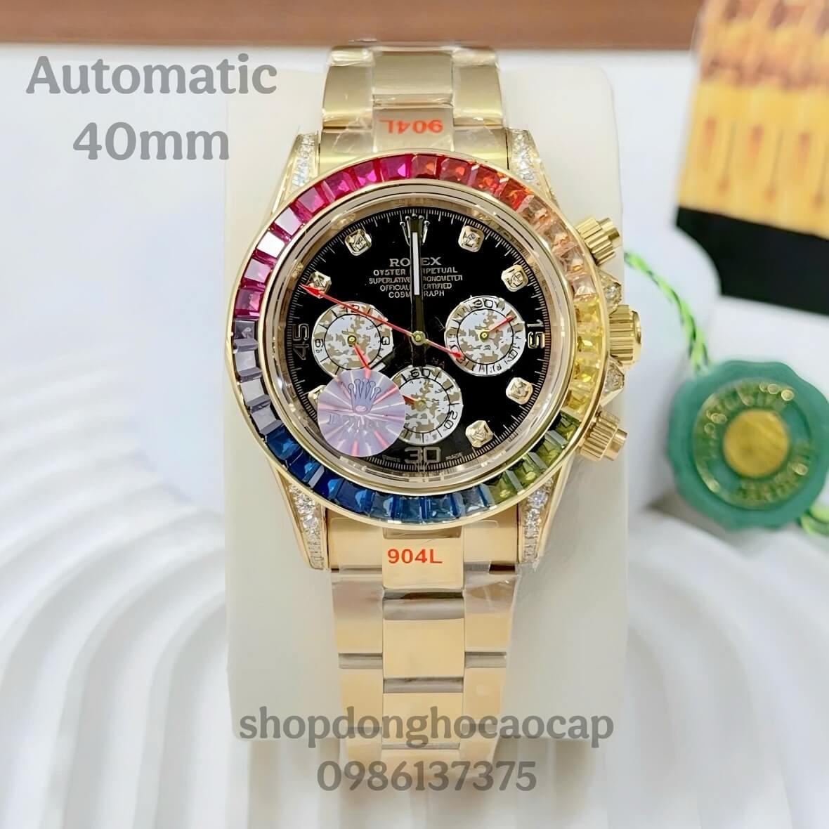 Đồng Hồ Nam Rolex Daytona Rainbow Tự Động Mặt Đen Đính Đá Kim Loại Vàng Size 40mm