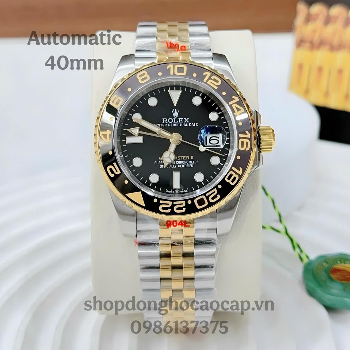 Đồng Hồ Nam Rolex GMT Master Máy Tự Động Mặt Đen Kim Loại Demi Vàng Size 40mm
