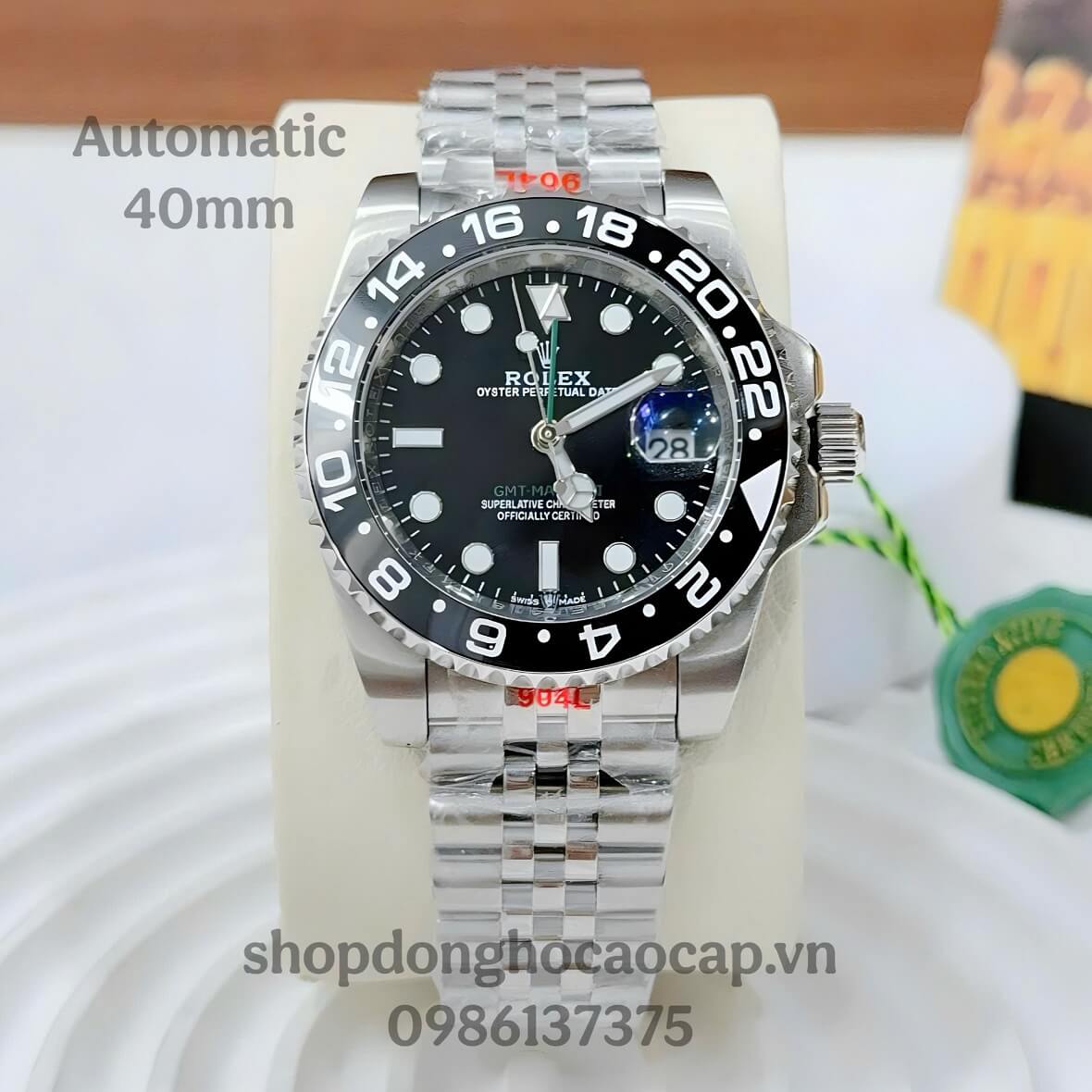 Đồng Hồ Nam Rolex GMT Master Máy Tự Động Mặt Đen Kim Loại Inox Size 40mm