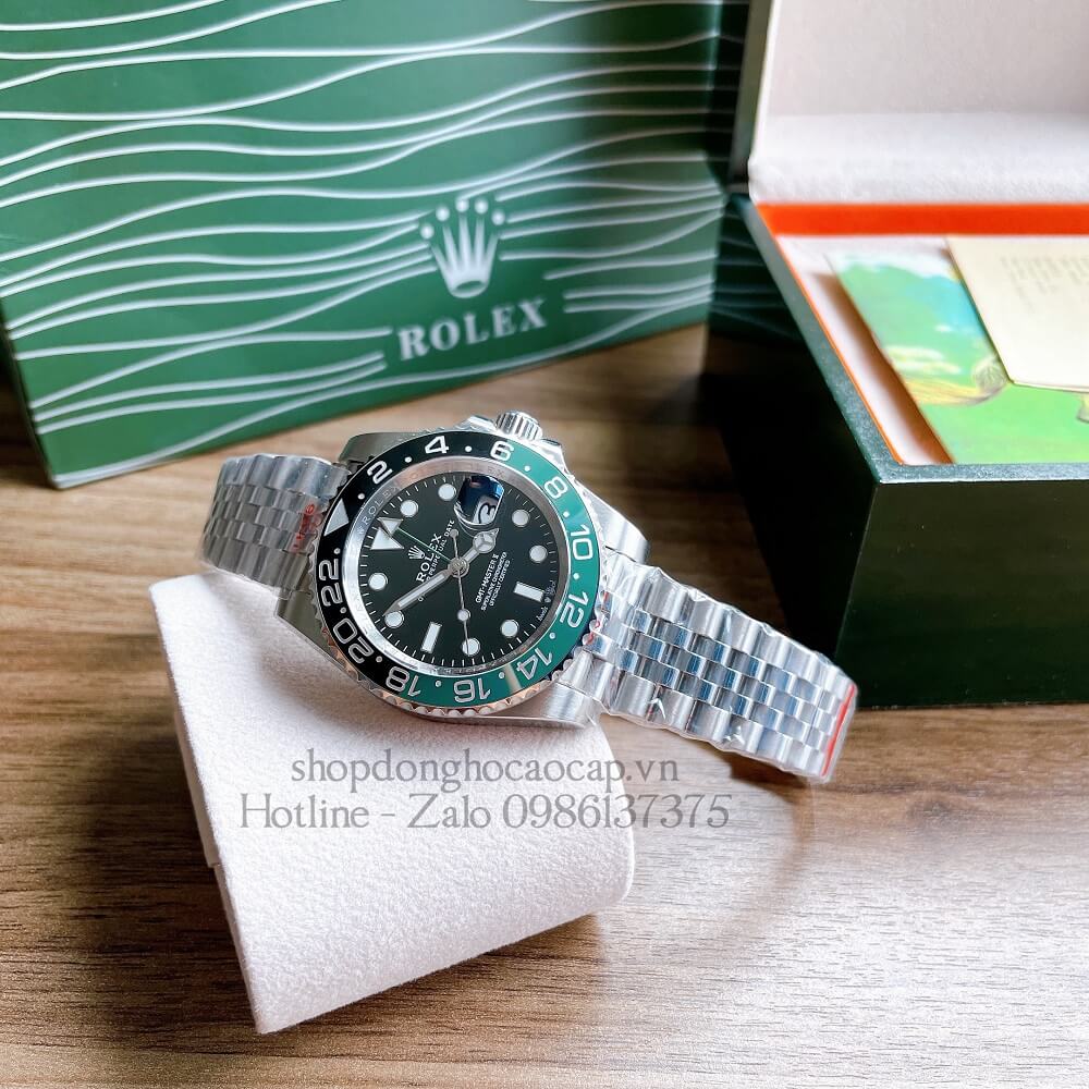 Đồng Hồ Nam Rolex GMT Tự Động Viền Xoay Bạc Mặt Đen 41mm