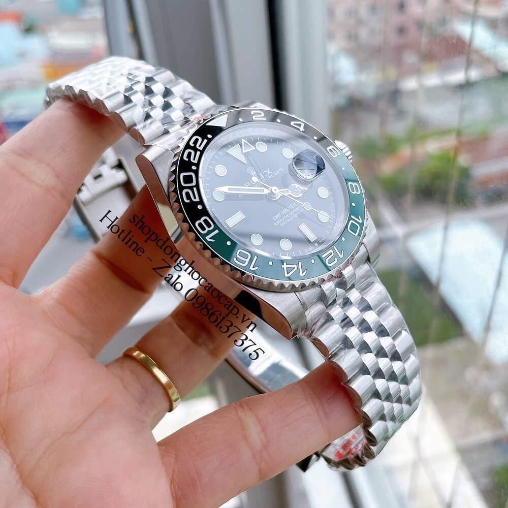 Đồng Hồ Nam Rolex GMT Tự Động Viền Xoay Bạc Mặt Đen 41mm