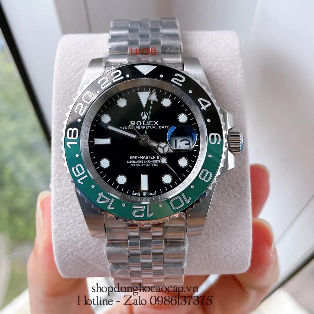 Đồng Hồ Nam Rolex GMT Tự Động Viền Xoay Bạc Mặt Đen 41mm
