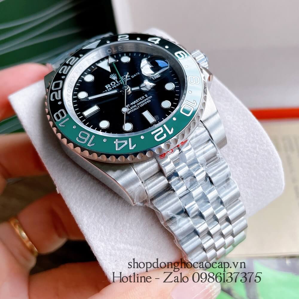 Đồng Hồ Nam Rolex GMT Tự Động Viền Xoay Bạc Mặt Đen 41mm