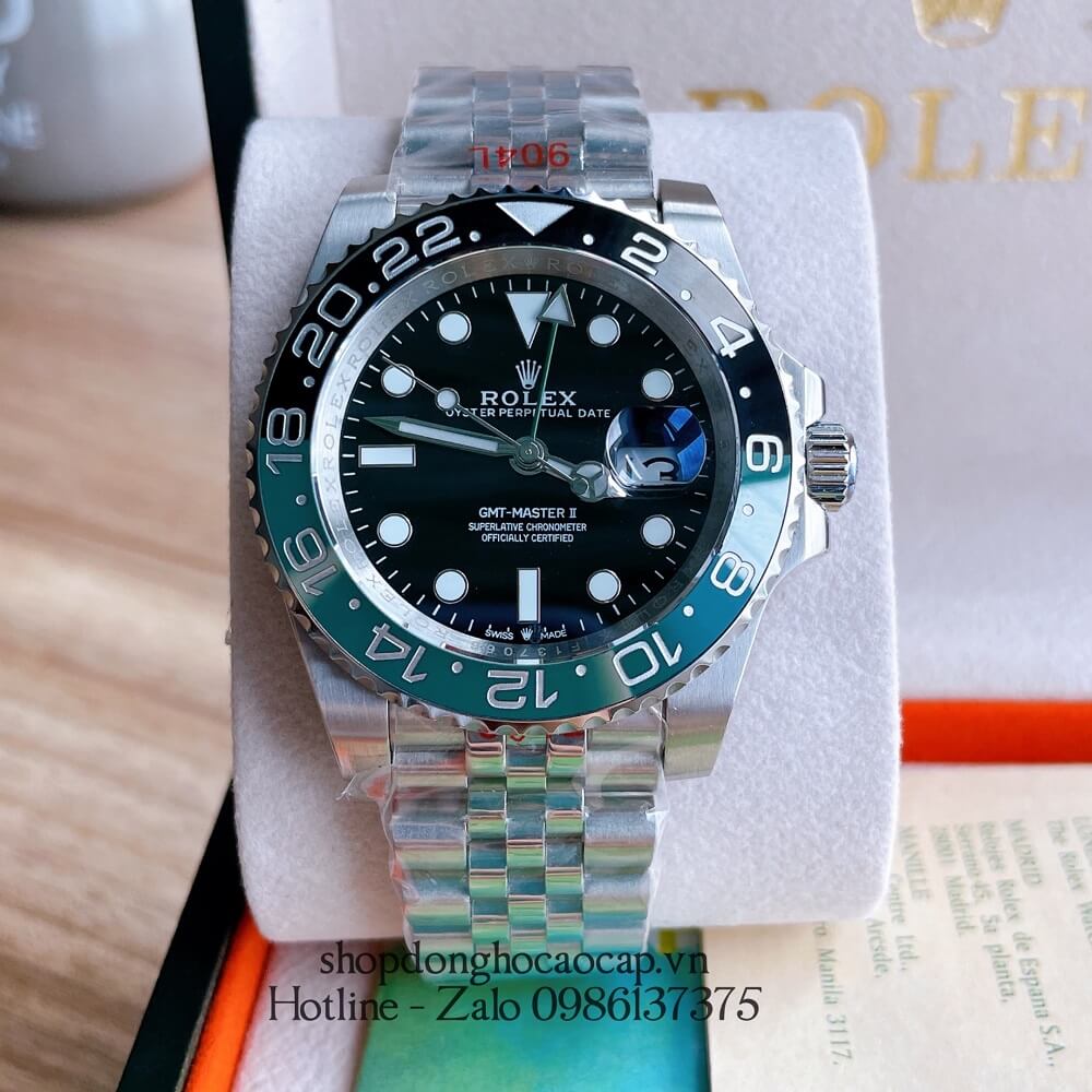 Đồng Hồ Nam Rolex GMT Tự Động Viền Xoay Bạc Mặt Đen 41mm