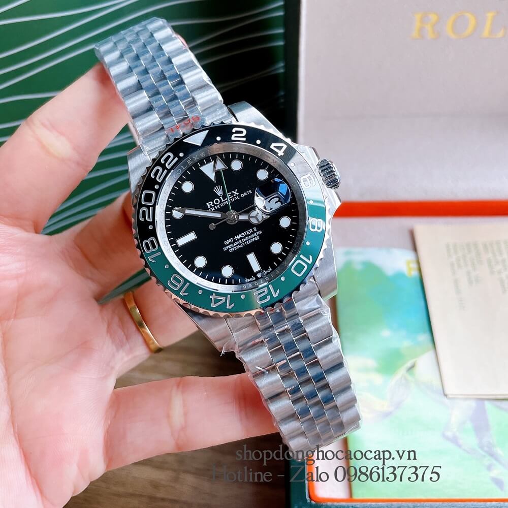 Đồng Hồ Nam Rolex GMT Tự Động Viền Xoay Bạc Mặt Đen 41mm