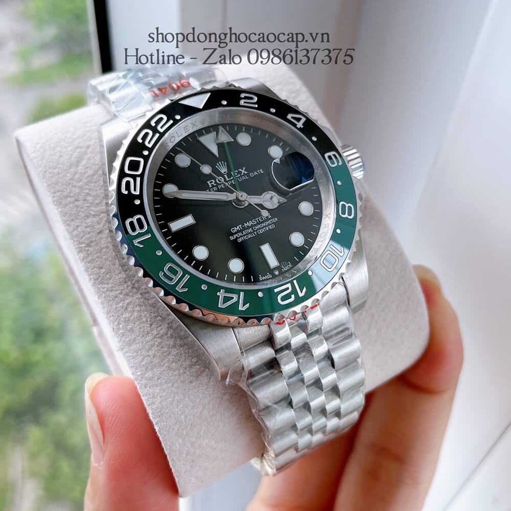 Đồng Hồ Nam Rolex GMT Tự Động Viền Xoay Bạc Mặt Đen 41mm