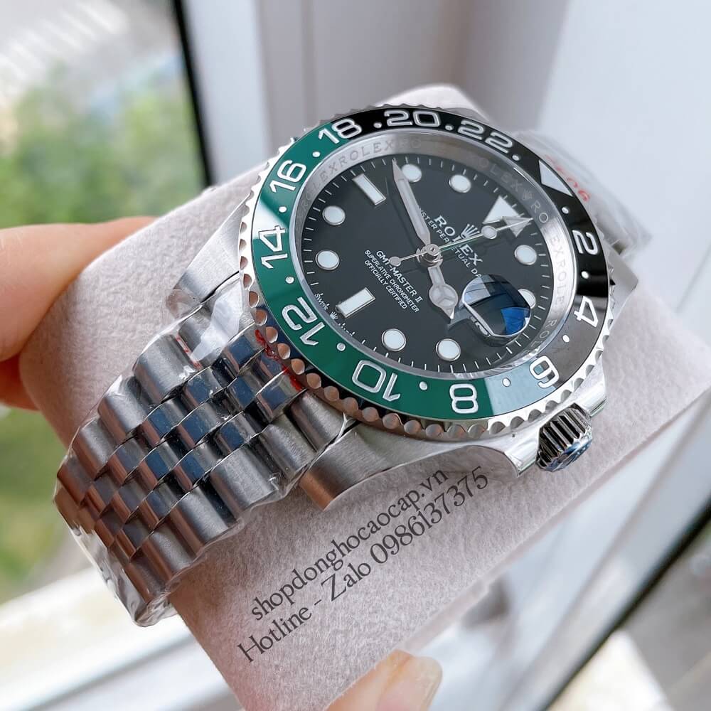 Đồng Hồ Nam Rolex GMT Tự Động Viền Xoay Bạc Mặt Đen 41mm