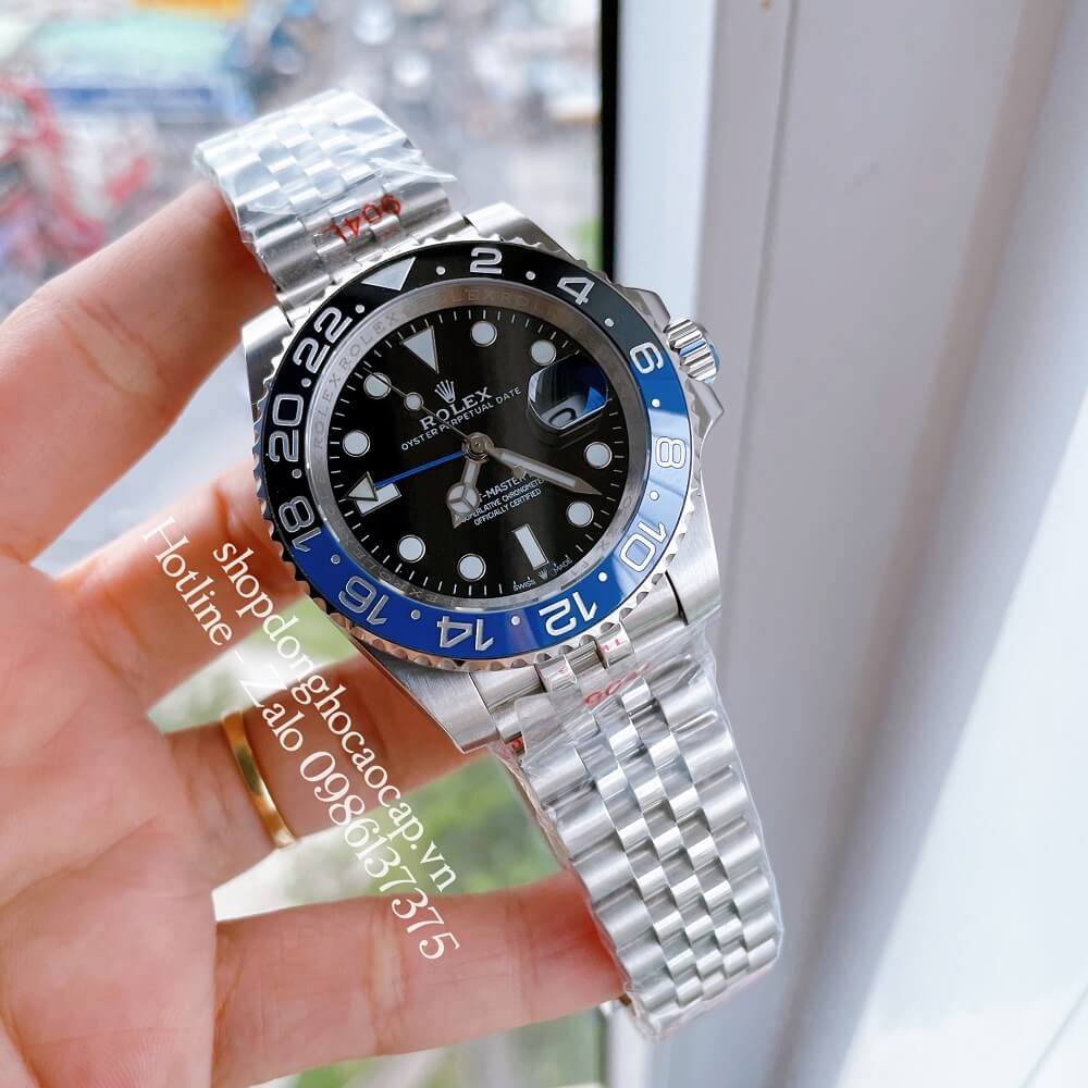Đồng Hồ Nam Rolex GMT Tự Động Viền Xoay Bạc Mặt Đen 41mm
