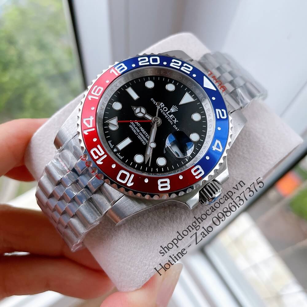 Đồng Hồ Nam Rolex GMT Tự Động Viền Xoay Bạc Mặt Đen 41mm