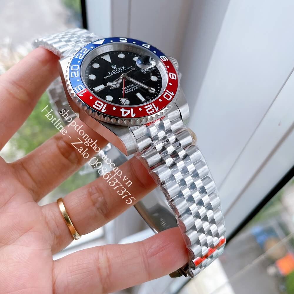 Đồng Hồ Nam Rolex GMT Tự Động Viền Xoay Bạc Mặt Đen 41mm