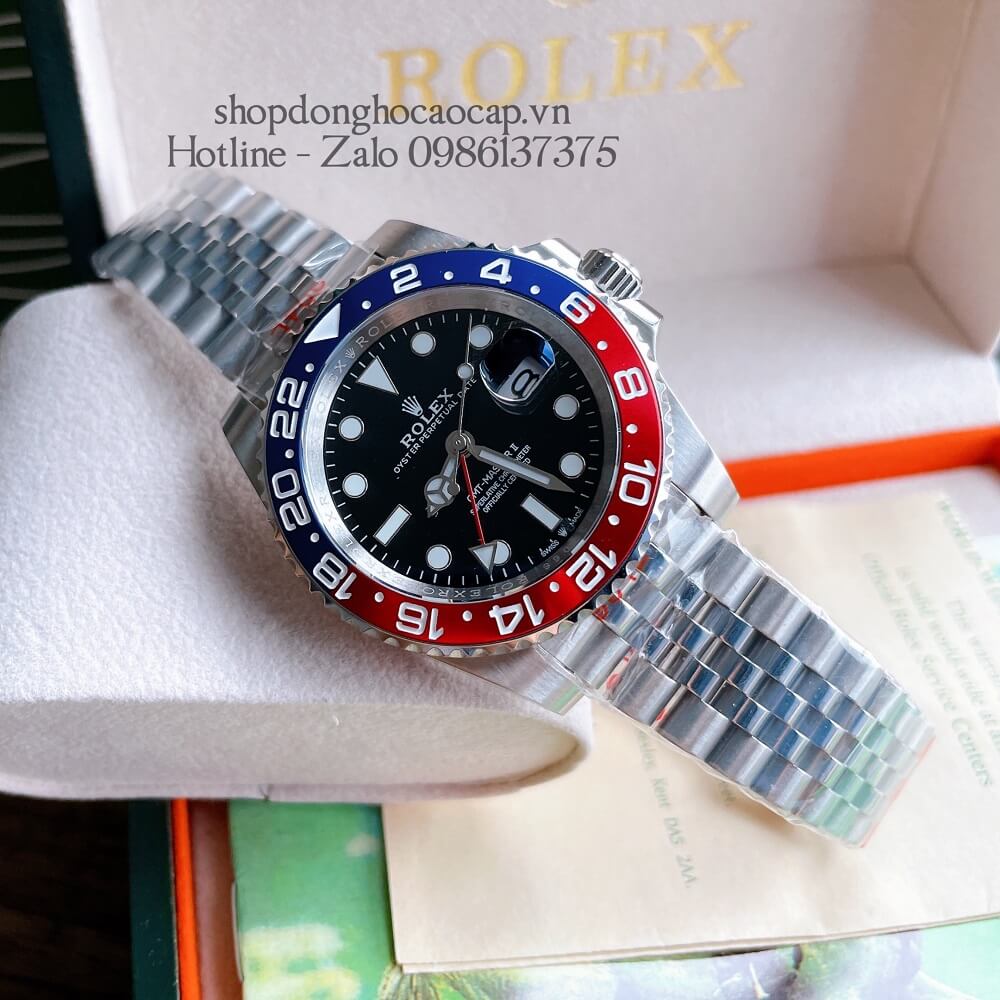 Đồng Hồ Nam Rolex GMT Tự Động Viền Xoay Bạc Mặt Đen 41mm