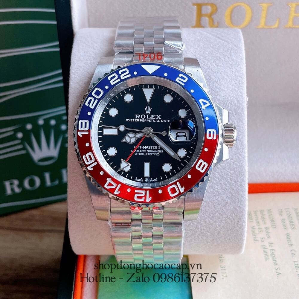 Đồng Hồ Nam Rolex GMT Tự Động Viền Xoay Bạc Mặt Đen 41mm