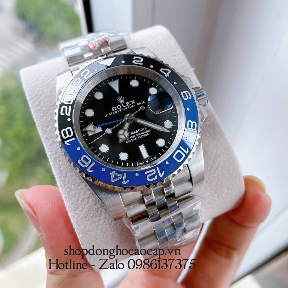 Đồng Hồ Nam Rolex GMT Tự Động Viền Xoay Bạc Mặt Đen 41mm