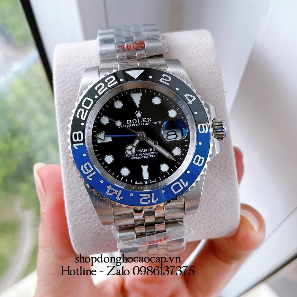 Đồng Hồ Nam Rolex GMT Tự Động Viền Xoay Bạc Mặt Đen 41mm