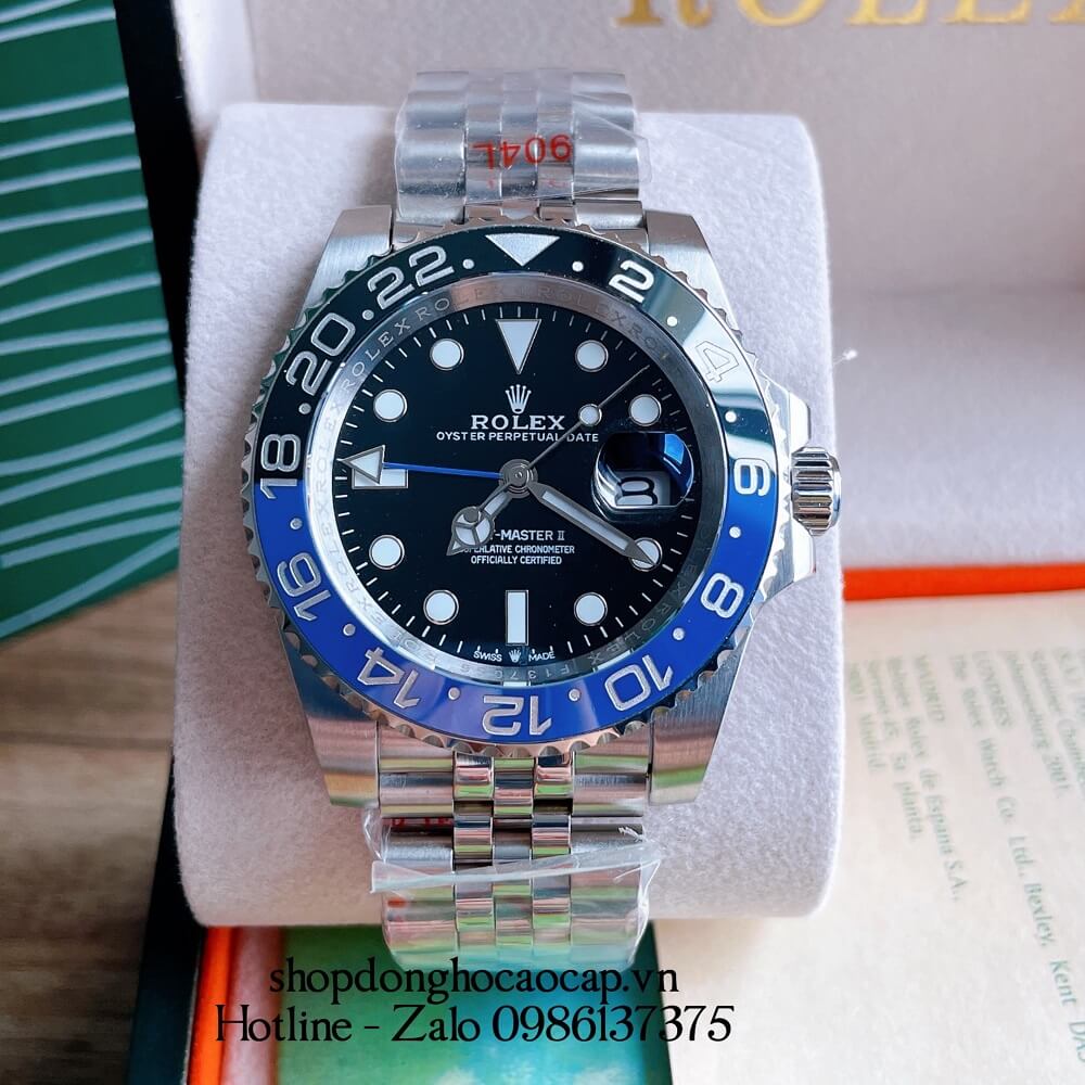 Đồng Hồ Nam Rolex GMT Tự Động Viền Xoay Bạc Mặt Đen 41mm