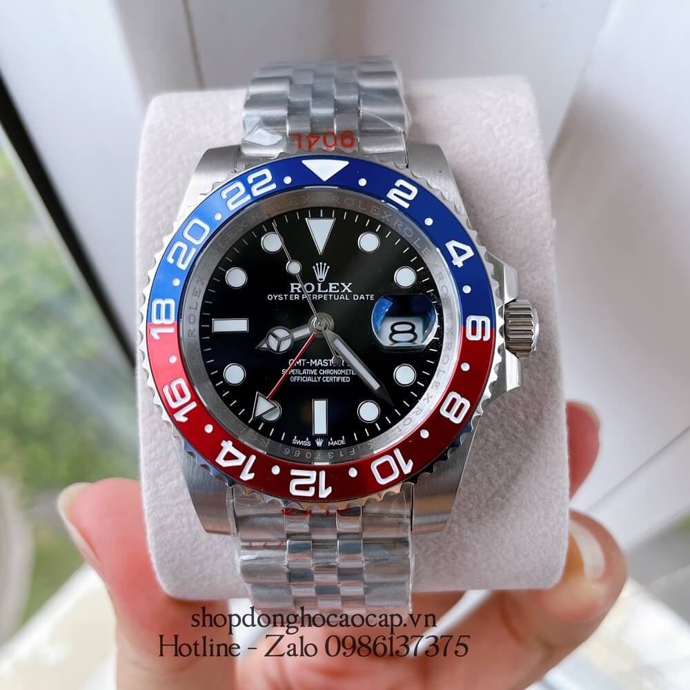 Đồng Hồ Nam Rolex GMT Tự Động Viền Xoay Bạc Mặt Đen 41mm