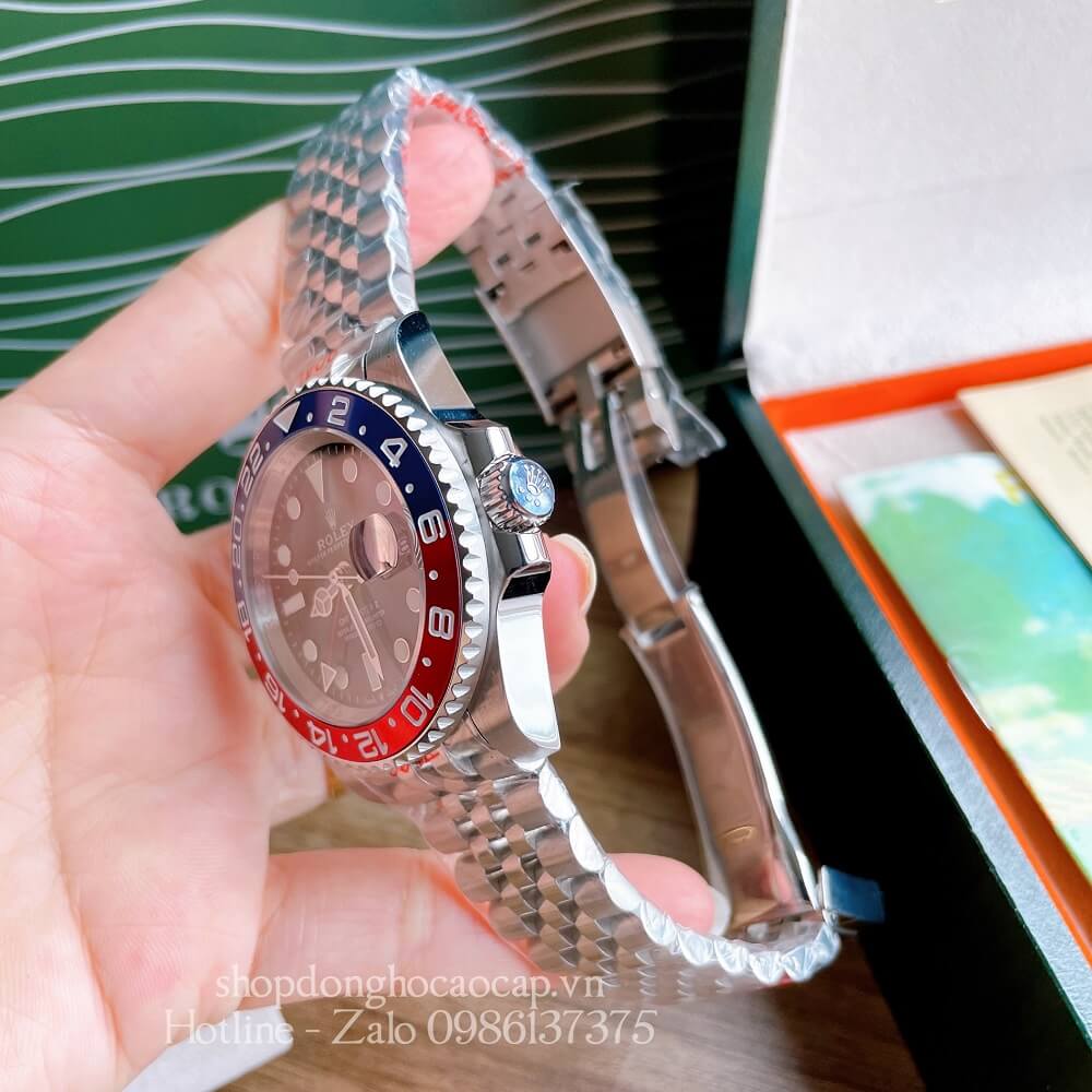 Đồng Hồ Nam Rolex GMT Tự Động Viền Xoay Bạc Mặt Đen 41mm