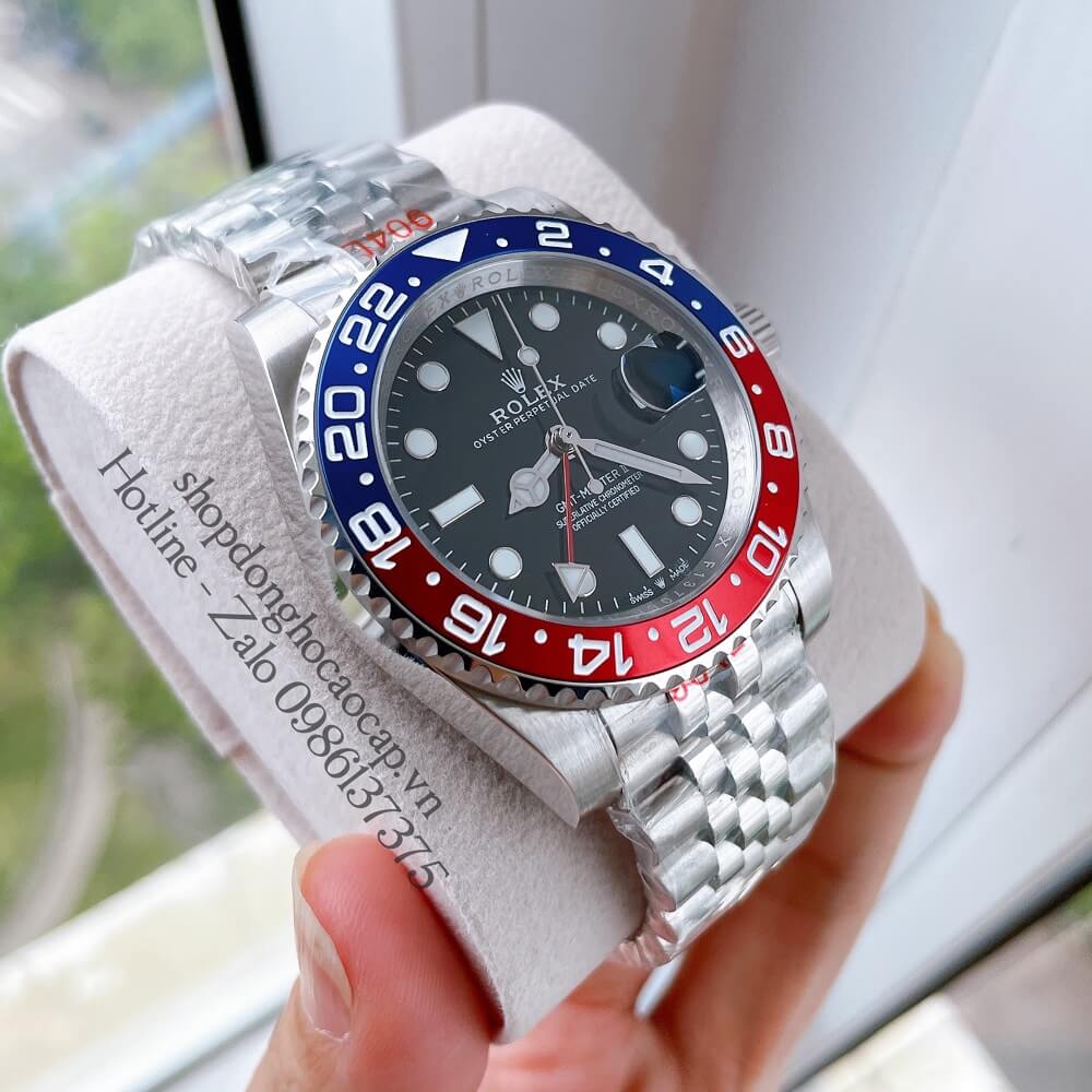 Đồng Hồ Nam Rolex GMT Tự Động Viền Xoay Bạc Mặt Đen 41mm