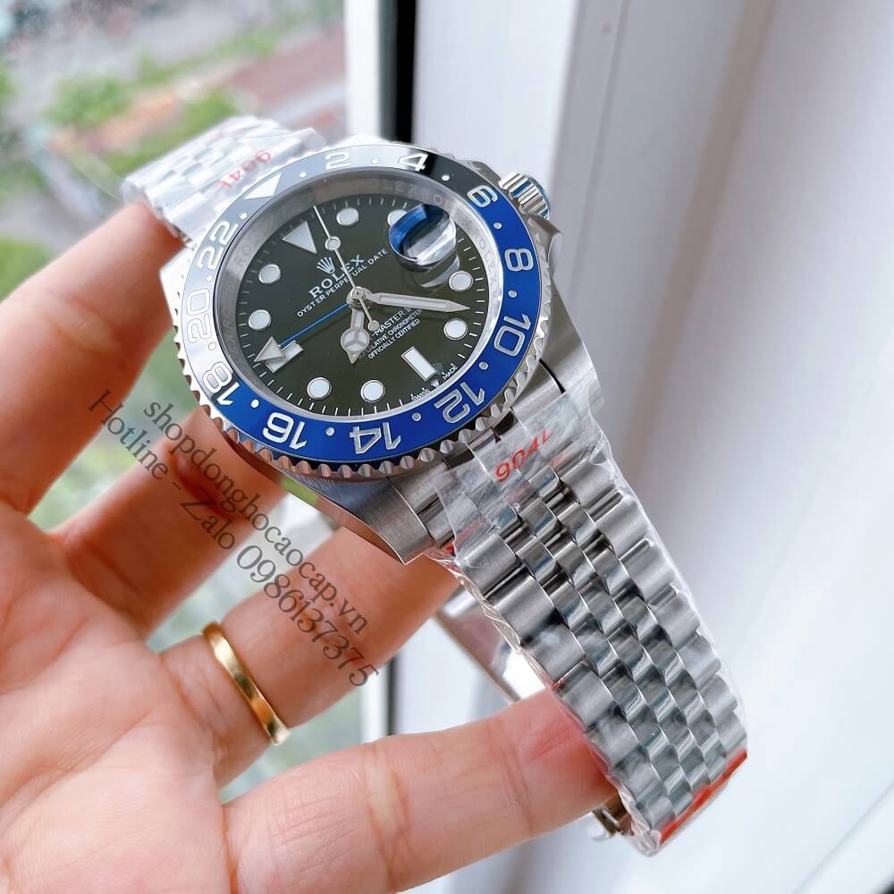 Đồng Hồ Nam Rolex GMT Tự Động Viền Xoay Bạc Mặt Đen 41mm