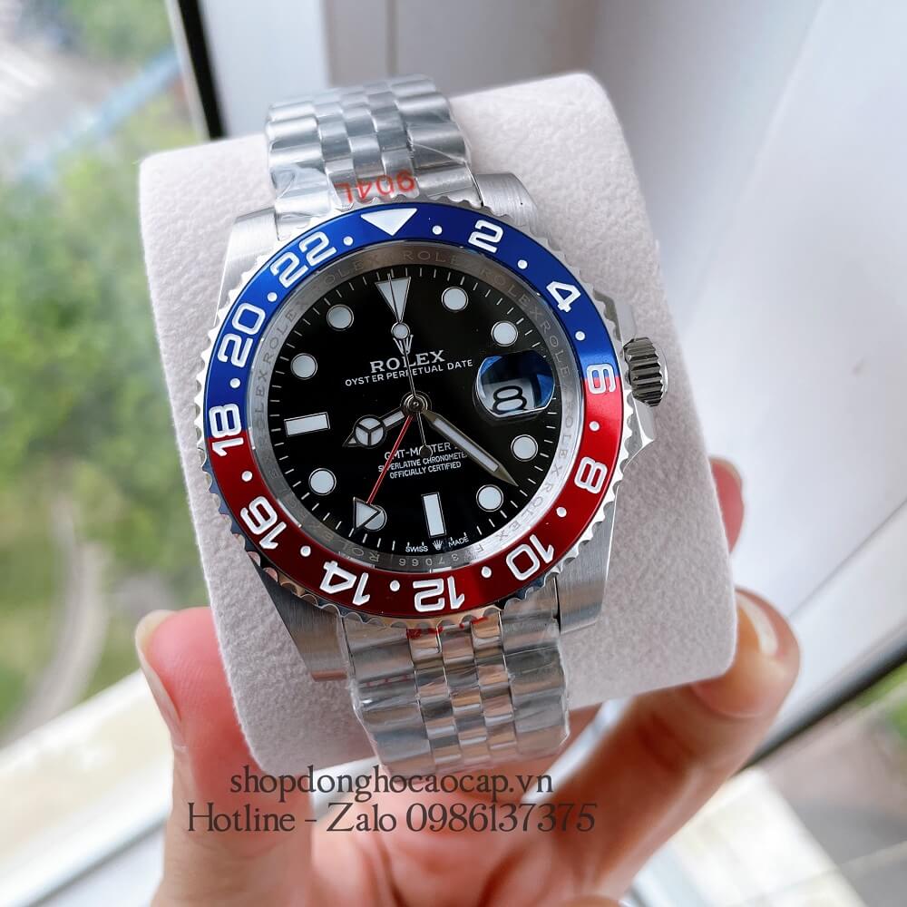 Đồng Hồ Nam Rolex GMT Tự Động Viền Xoay Bạc Mặt Đen 41mm