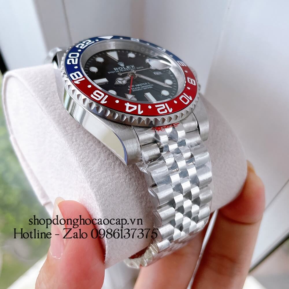 Đồng Hồ Nam Rolex GMT Tự Động Viền Xoay Bạc Mặt Đen 41mm