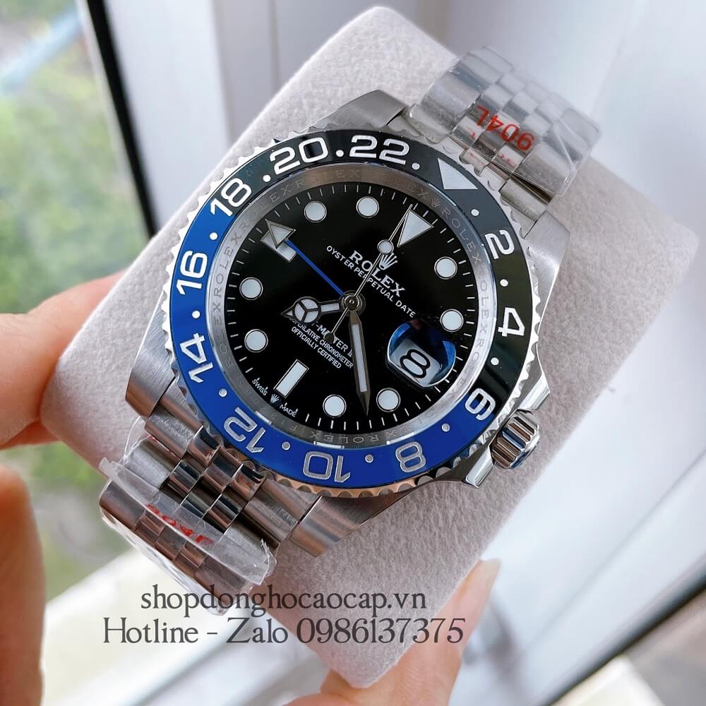 Đồng Hồ Nam Rolex GMT Tự Động Viền Xoay Bạc Mặt Đen 41mm