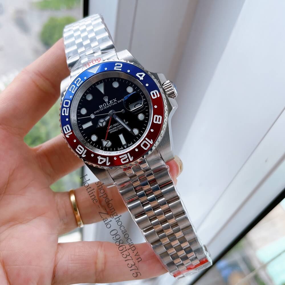 Đồng Hồ Nam Rolex GMT Tự Động Viền Xoay Bạc Mặt Đen 41mm