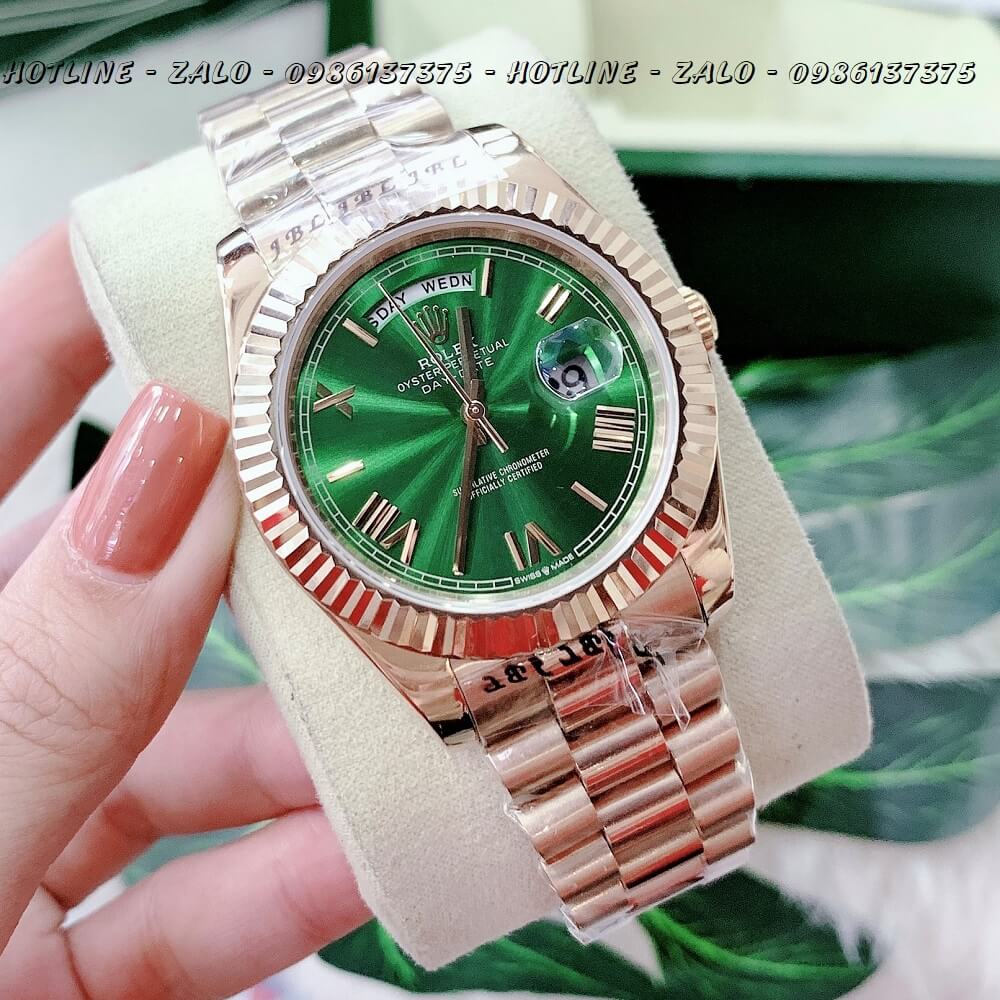 Đồng Hồ Nam Rolex Automatic Tự Động Vàng Xanh Lá Mặt Số La Mã 41mm