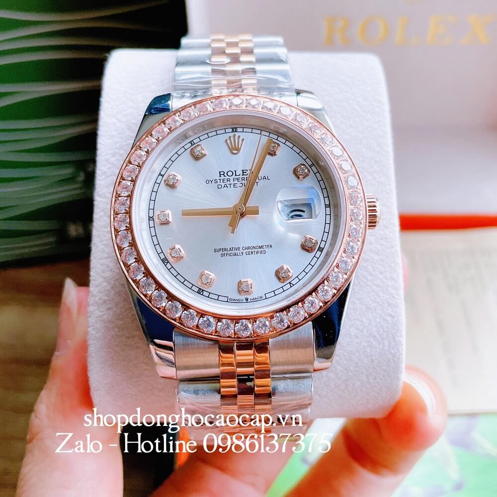 Đồng Hồ Nam Rolex Automatic Viền Đá Demi Trắng Rose Gold 41mm