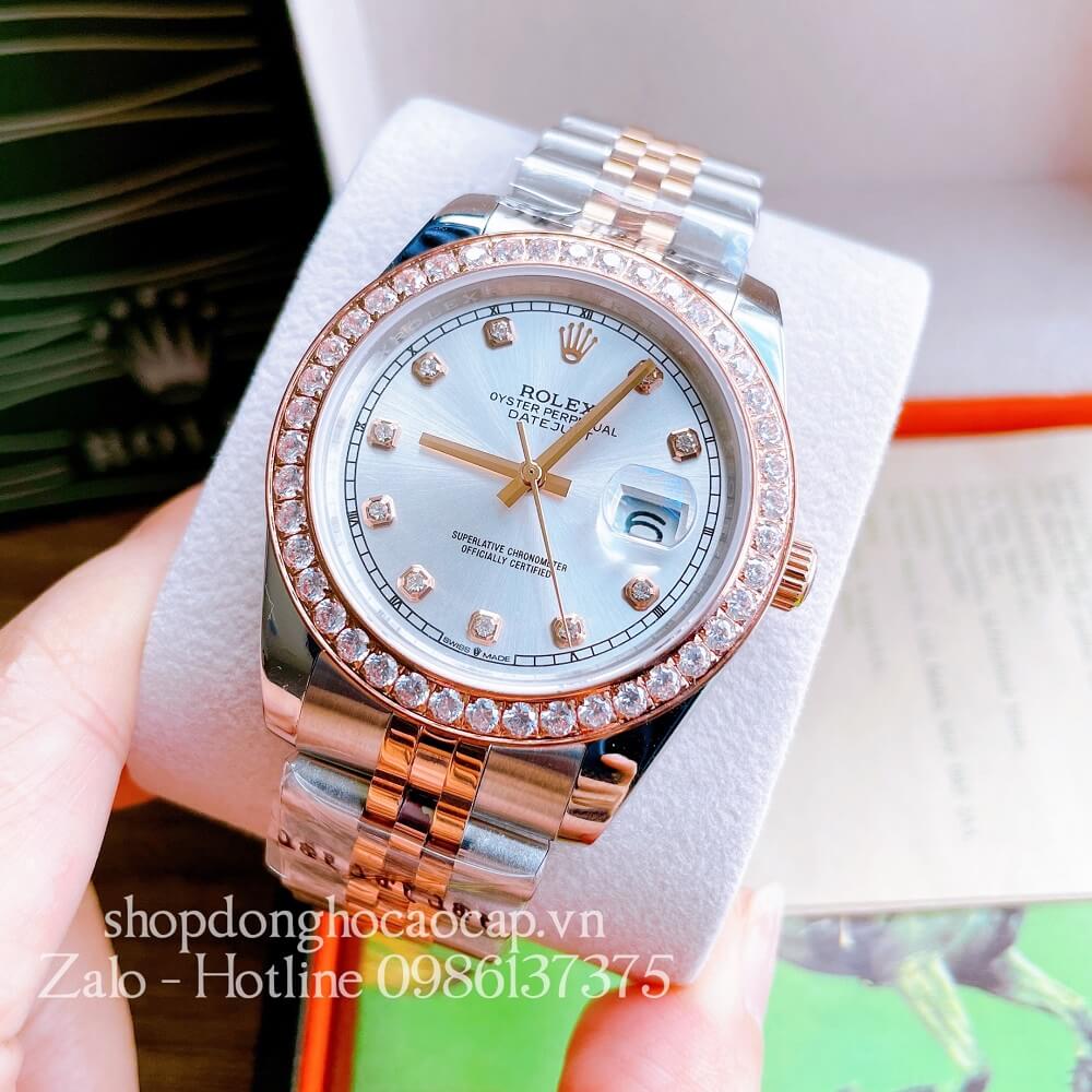 Đồng Hồ Nam Rolex Automatic Viền Đá Demi Trắng Rose Gold 41mm