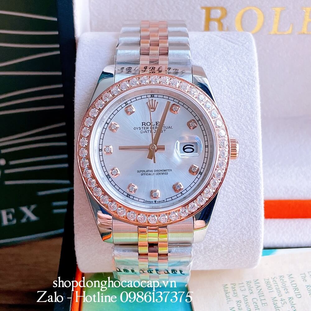 Đồng Hồ Nam Rolex Automatic Viền Đá Demi Trắng Rose Gold 41mm