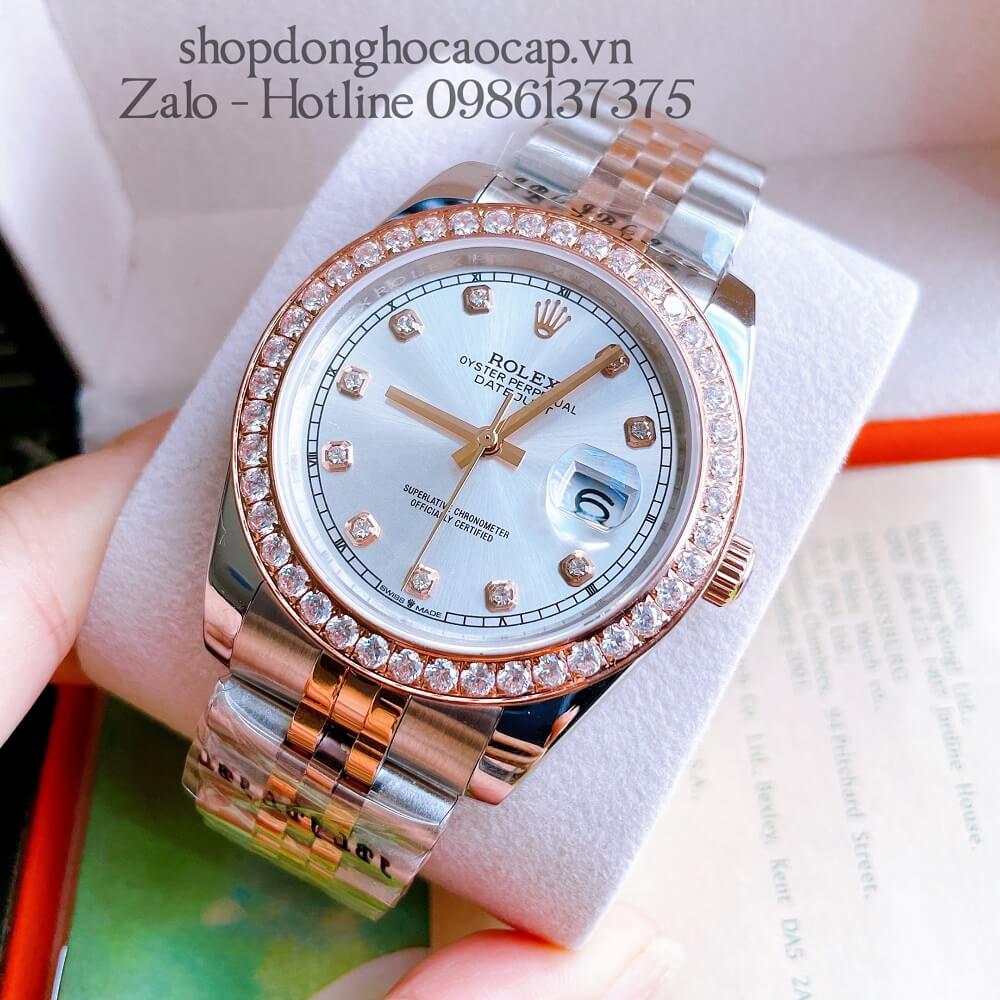 Đồng Hồ Nam Rolex Automatic Viền Đá Demi Trắng Rose Gold 41mm