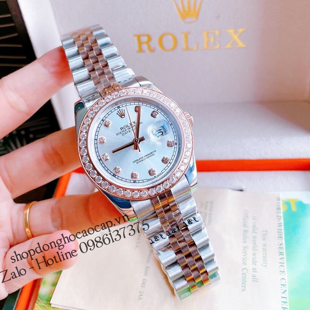 Đồng Hồ Nam Rolex Automatic Viền Đá Demi Trắng Rose Gold 41mm