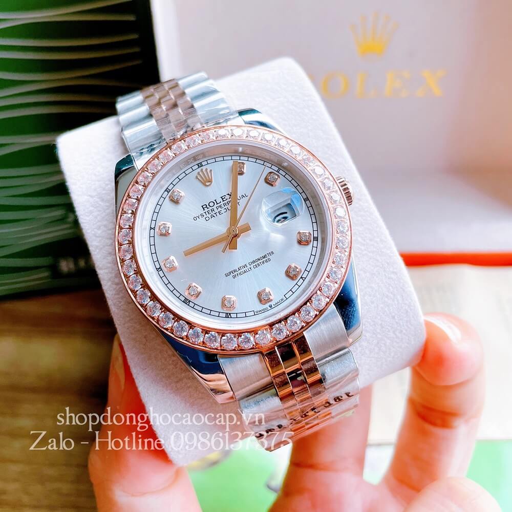 Đồng Hồ Nam Rolex Automatic Viền Đá Demi Trắng Rose Gold 41mm