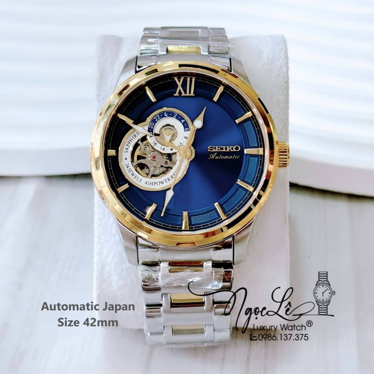 Đồng Hồ Nam Seiko Cơ Tự Động Dây Kim Loại Demi Mặt Xanh Dương 42mm