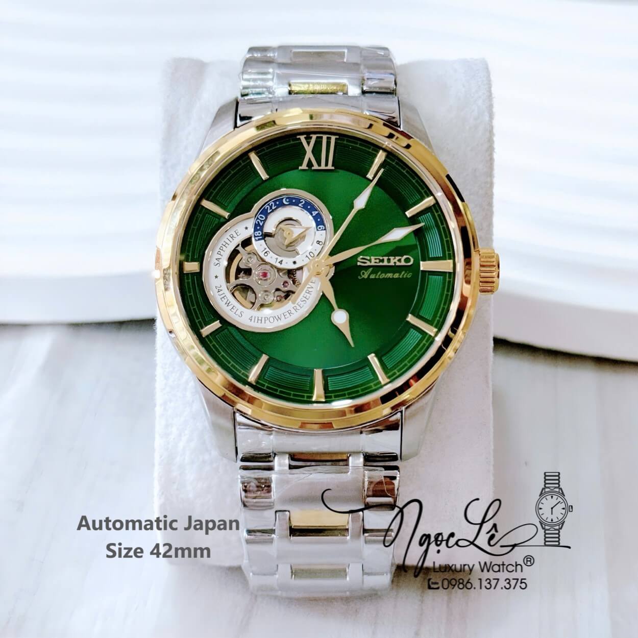 Đồng Hồ Nam Seiko Cơ Tự Động Dây Kim Loại Demi Mặt Xanh Lá 42mm