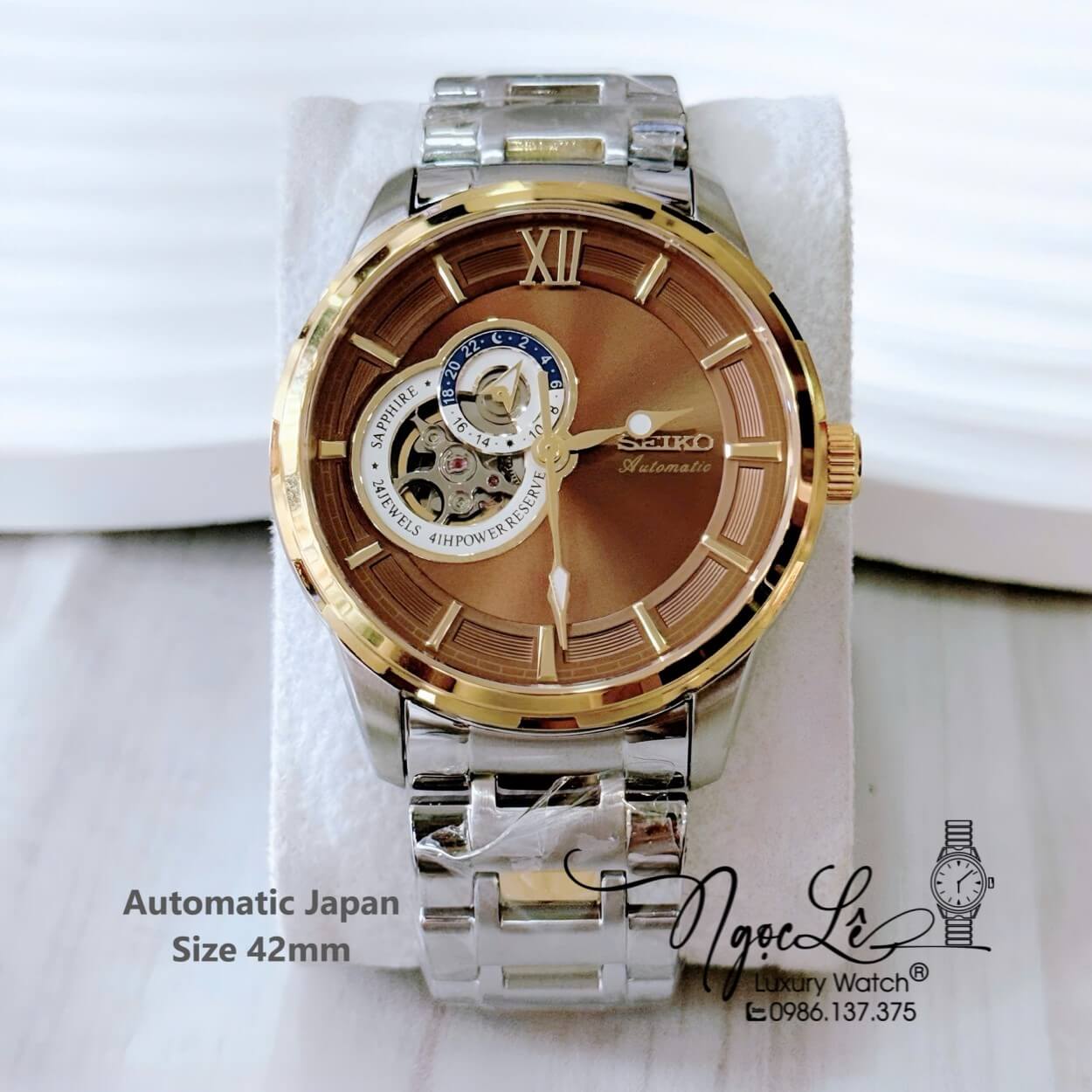 Đồng Hồ Nam Seiko Cơ Tự Động Hở Tim 9h Dây Kim Loại Demi Mặt Nâu 42mm
