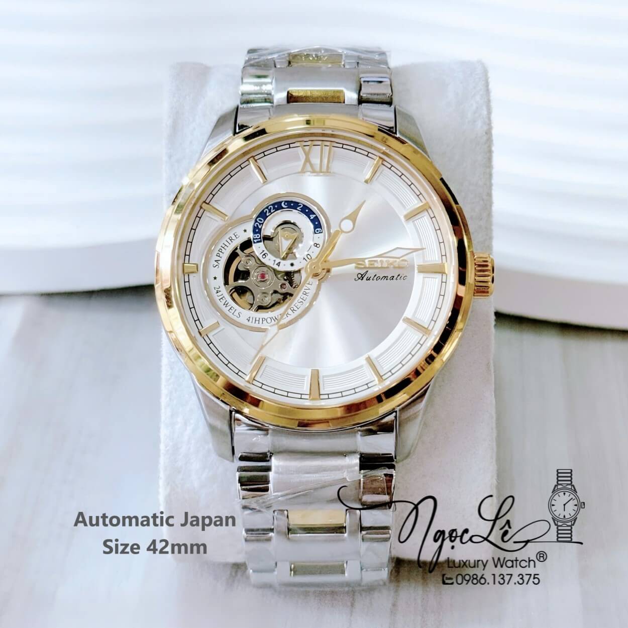 Đồng Hồ Nam Seiko Cơ Tự Động Hở Tim 9h Dây Kim Loại Demi Mặt Trắng 42mm
