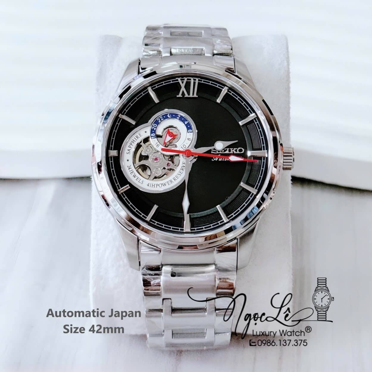 Đồng Hồ Nam Seiko Cơ Tự Động Hở Tim 9h Kim Loại Silver Mặt Đen 42mm