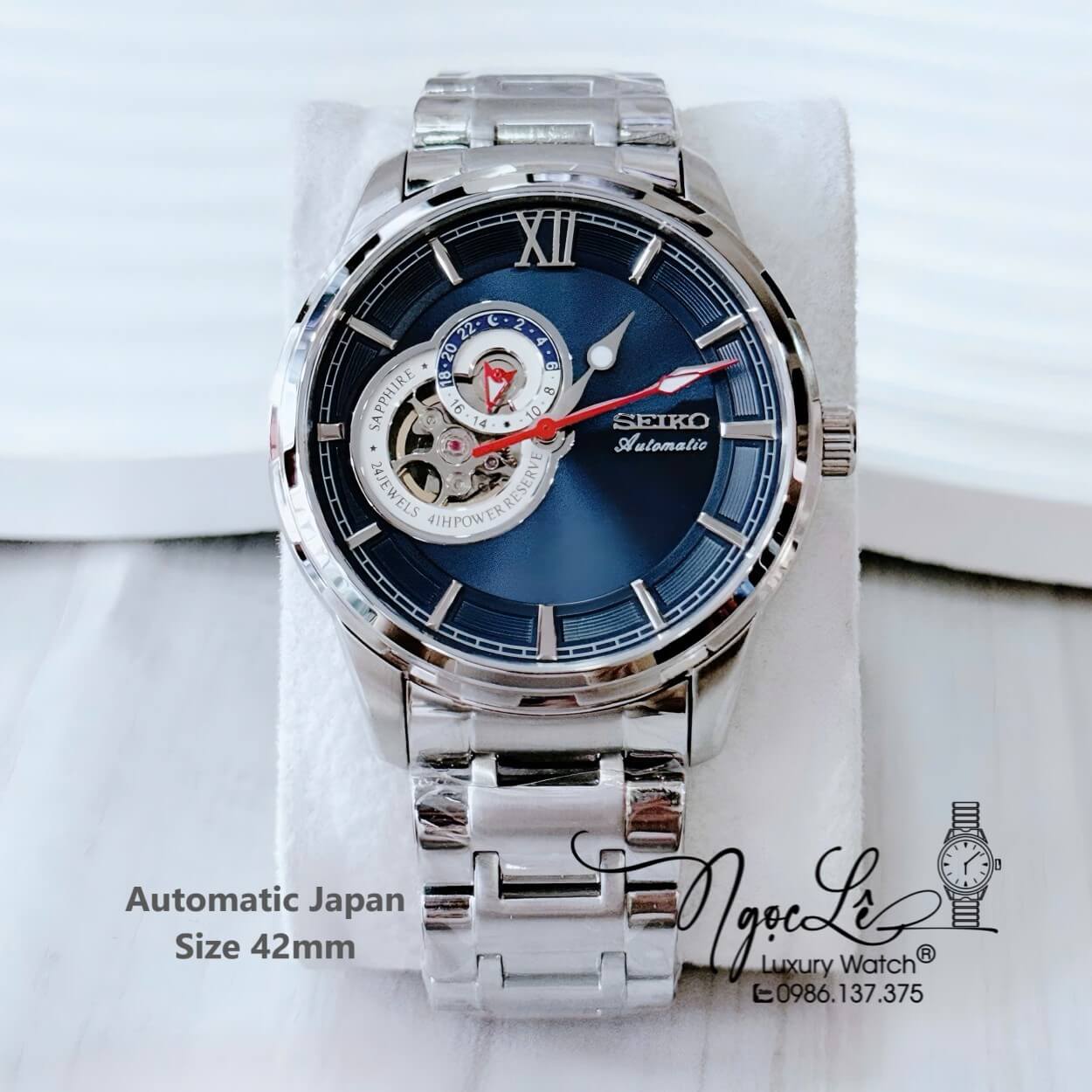 Đồng Hồ Nam Seiko Cơ Tự Động Kim Loại Silver Mặt Xanh Dương 42mm