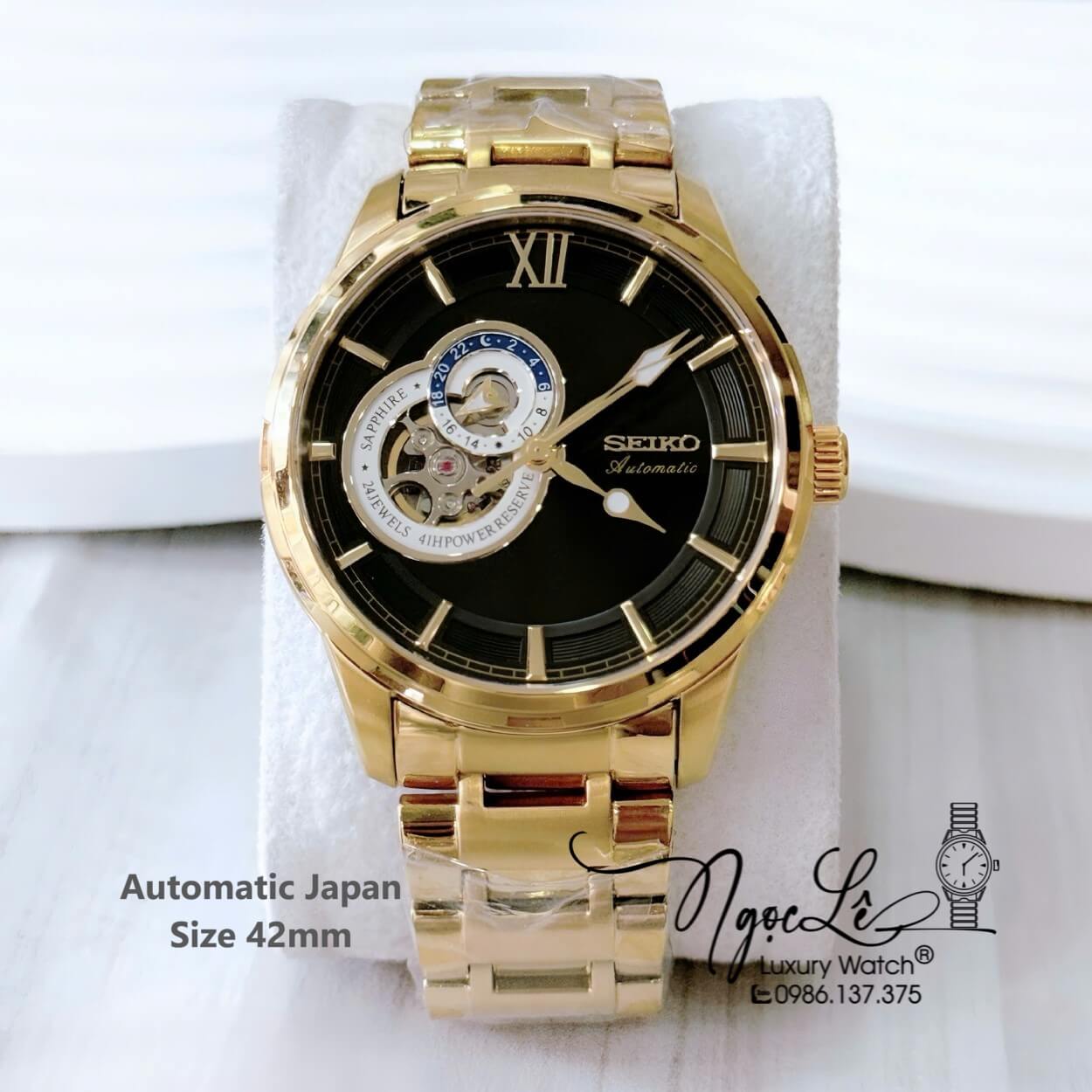 Đồng Hồ Nam Seiko Cơ Tự Động Kim Loại Vàng Mặt Đen 42mm