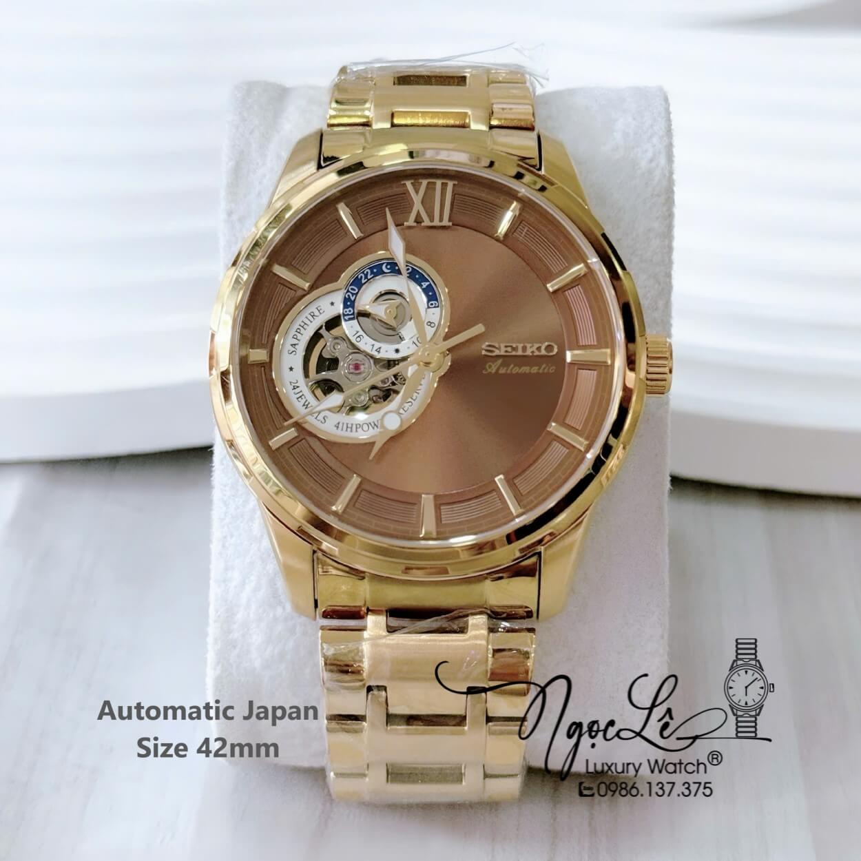 Đồng Hồ Nam Seiko Cơ Tự Động Kim Loại Vàng Mặt Nâu 42mm